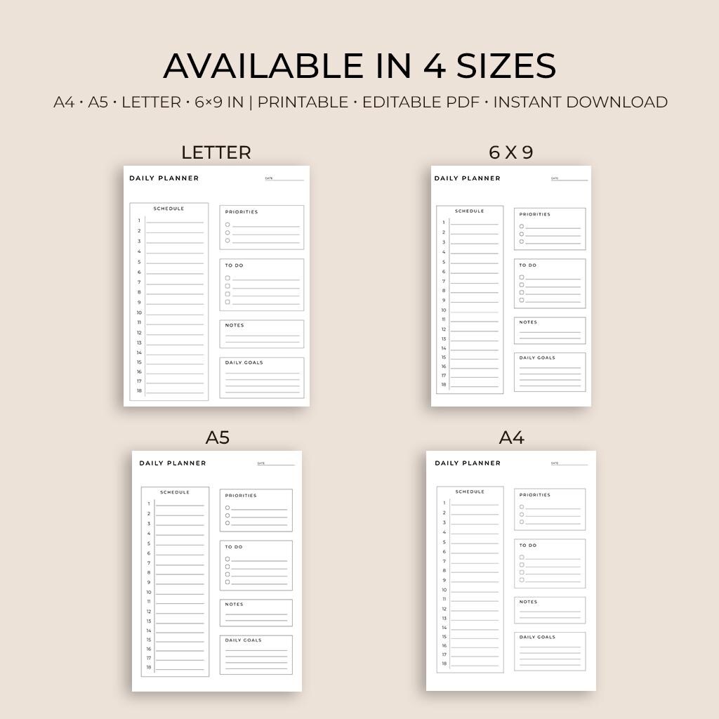 Minimalist Daily Planner Printable | A4 A5 Letter 6x9 (digital Download ...