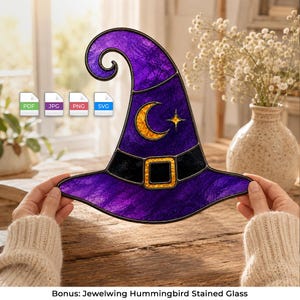 May include: A purple stained glass witch hat with a black band, a gold buckle, and a gold crescent moon and star design. The hat features a curled tip and textured glass panels. Four file format icons labelled PDF, JPG, PNG, and SVG are visible.