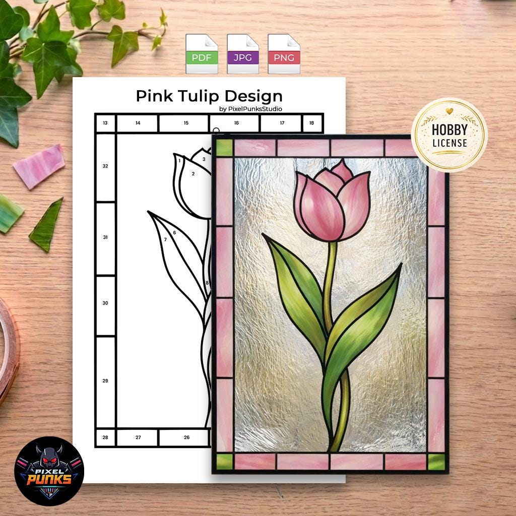 34 Stained Glass Crafts Kids Can Make 8 Pink Tulip Stained Glass Pattern PDF, Flower Suncatcher Template,…