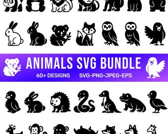 60+ Animal Vector Clipart Bundle | Black & White Animal Icons | SVG PNG EPS | Digital Download