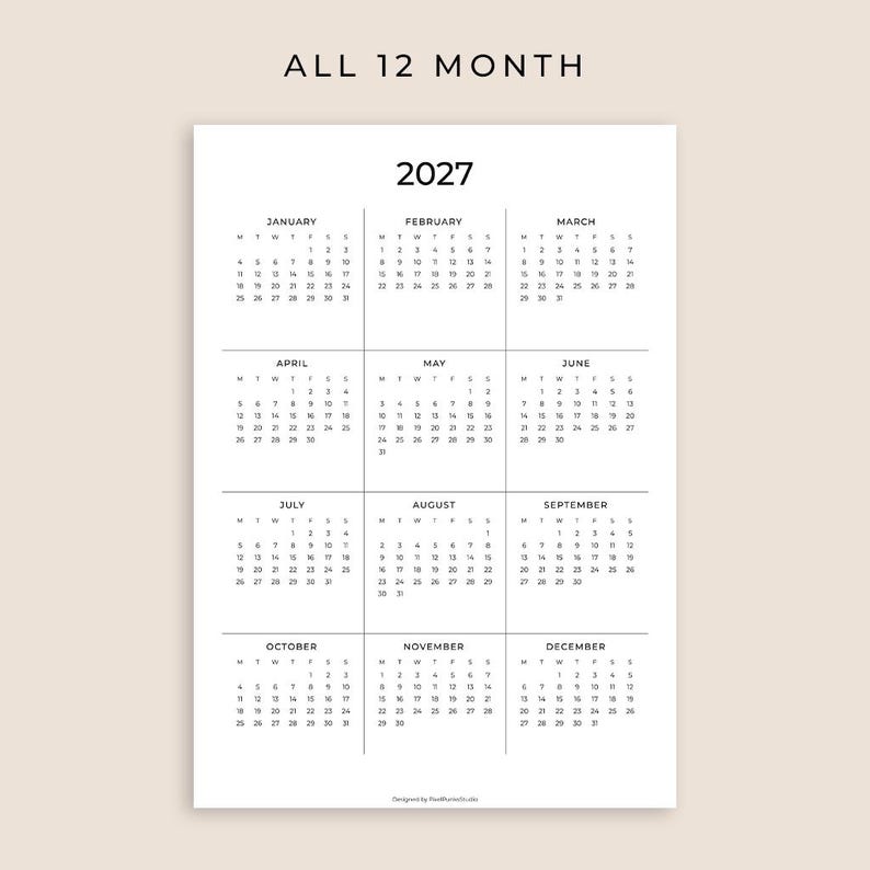 2027 Minimal Calendar Printable | Year at a Glance (editable PDF, A4/a5