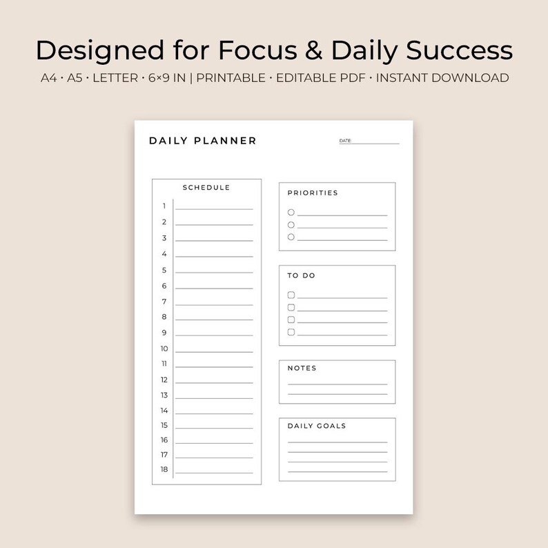 Minimalist Daily Planner Printable | A4 A5 Letter 6x9 (digital Download ...