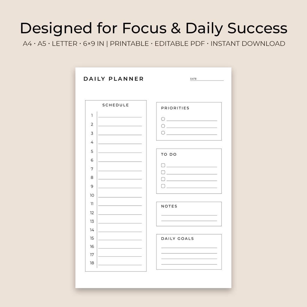 Minimalist Daily Planner Printable | A4 A5 Letter 6x9 (digital Download ...