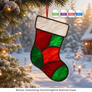 May include: A stained glass Christmas stocking ornament featuring a white cuff and alternating red and green glass panels held together by dark metal solder lines. The ornament hangs from a red ribbon and includes digital file icons for PDF, JPG, PNG, and SVG.