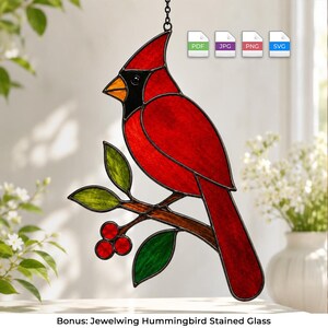 カーディナルのステンドグラス模様 | 赤い鳥のサンキャッチャー SVG PDF、冬の壁飾り、ホームデコレーション、初心者向けデジタルダウンロード