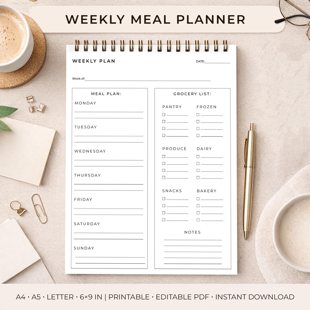 Minimalist Weekly Meal Planner Printable | Grocery List (PDF, A4/a5 ...