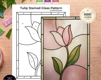 Patrón de vidriera de tulipanes PNG JPG PDF / Plantilla de atrapasoles floral / Licencia para pasatiempos de arte floral en vidrio DIY