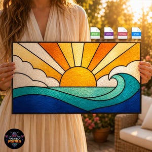 May include: A rectangular stained glass art piece featuring a sunrise over the ocean with a large curling wave in the foreground. The design includes a yellow sun with orange rays, white clouds, and sea waves in shades of teal and dark blue.