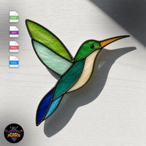 Kolibri-solfångare i målat glas, mall för smaragdfågelglas, DIY-fågelfönsterkonst, direktnedladdning av Svg Png Jpg