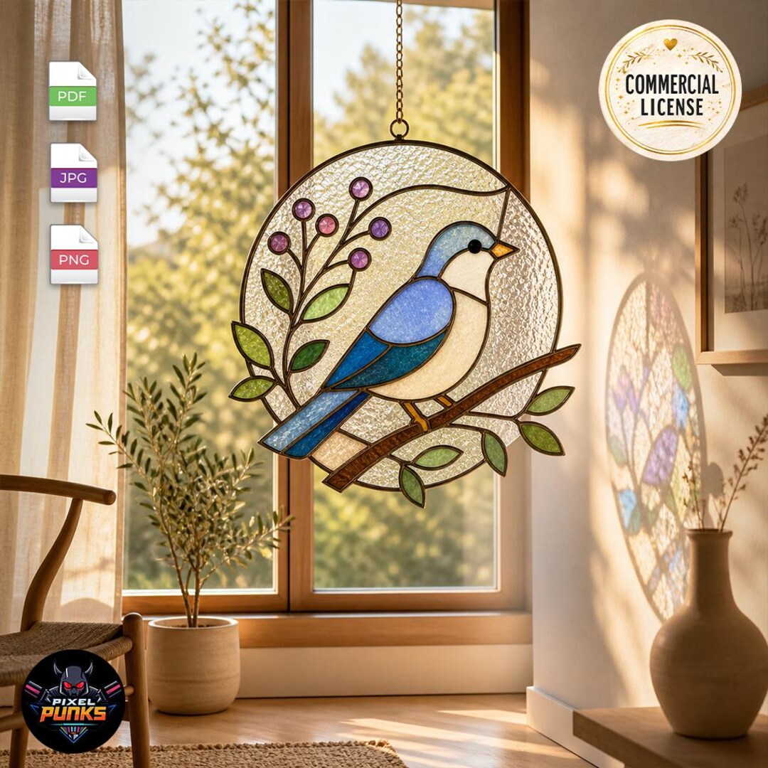 Bird Stained Glass Round Panel Png Jpg Pdf | Blue Bird Suncatcher ...
