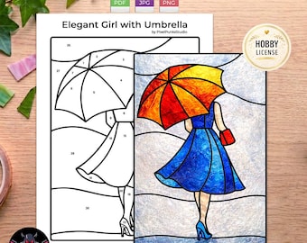 Modello di vetrata artistica "Ragazza con ombrello" in formato PDF, modello "Acchiappasole donna", arte su vetro stampabile, file JPG e PNG, artigianato fai da te, licenza per hobby