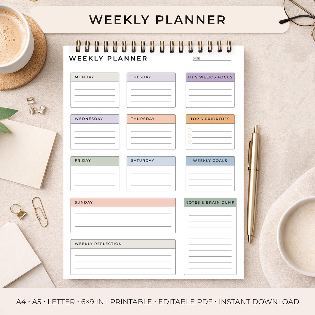 Minimal Weekly Planner Printable | A4 A5 US Letter, 6x9 (digital ...