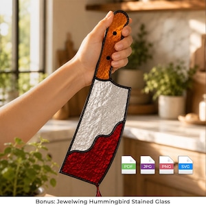 May include: A stained glass cleaver ornament featuring an amber-colored handle, a textured silver blade, and a deep red section at the bottom. The piece is outlined in black metal solder and includes digital file icons for PDF, JPG, PNG, and SVG formats.