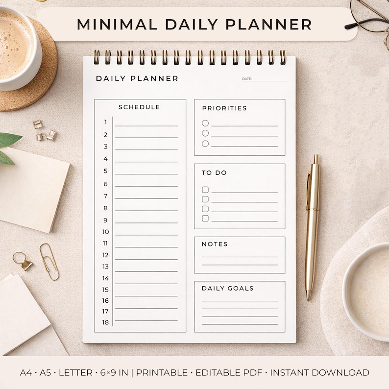 Minimalist Daily Planner Printable | A4 A5 Letter 6x9 (digital Download ...