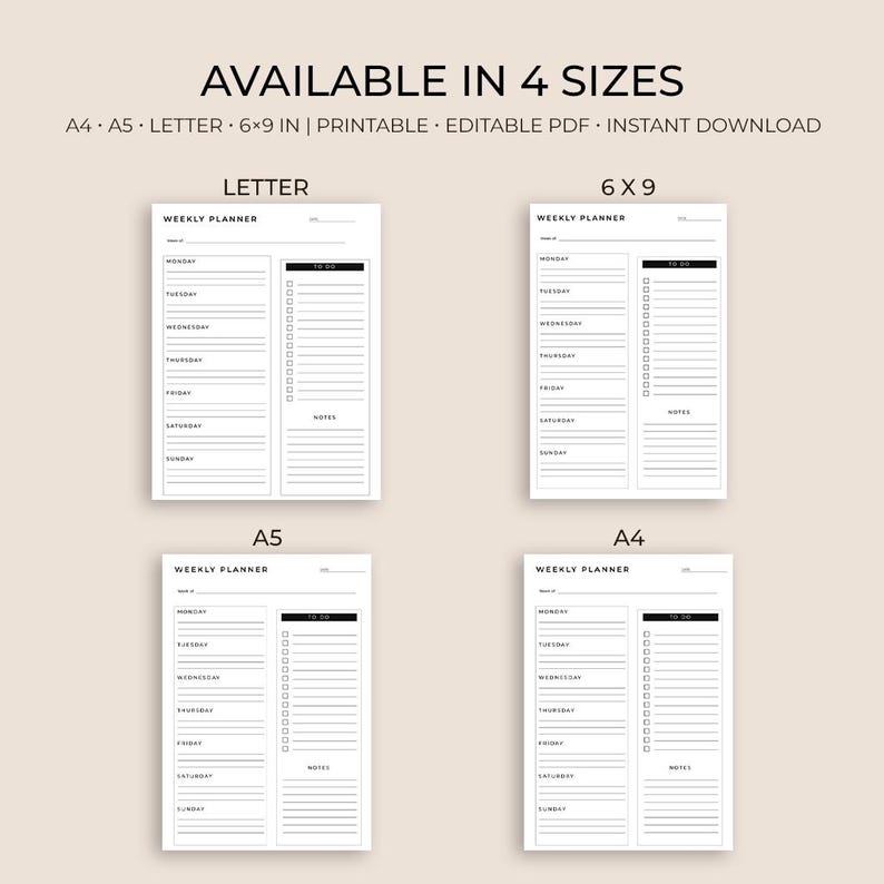 Minimal Weekly Planner Printable | A4 A5 US Letter, 6x9 (digital ...