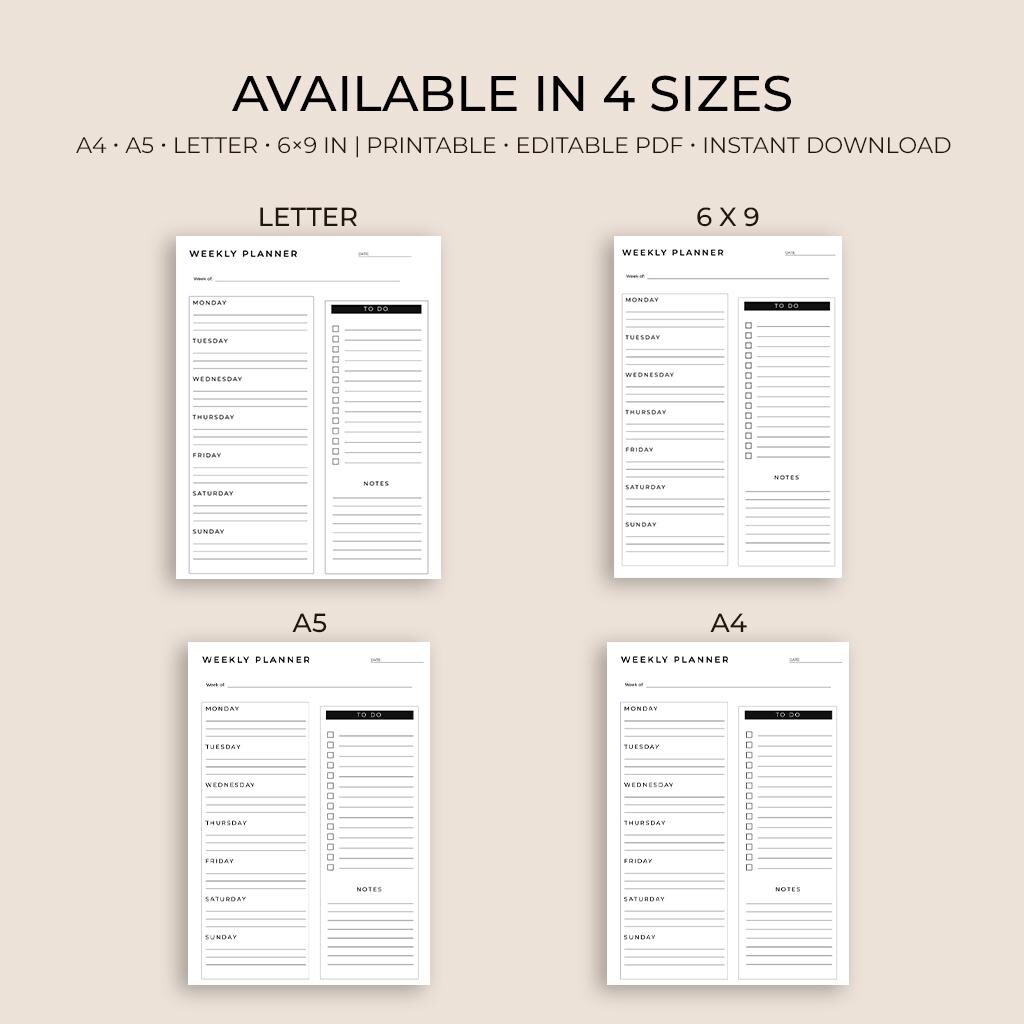 Minimal Weekly Planner Printable | A4 A5 US Letter, 6x9 (digital ...