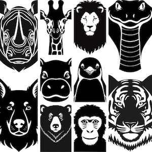 May include: A collection of black and white animal portraits, including a rhino, giraffe, lion, cobra, dog, hippo, penguin, bear, monkey, and tiger. Each animal is depicted in a stylized, graphic design.