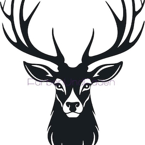 May include: A black and white graphic of a deer's head with large antlers. The deer's face is detailed, with a white patch on the nose and text that is difficult to read. The antlers are prominent and curve upwards.