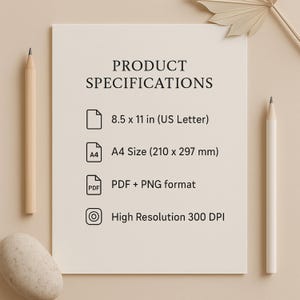 May include: A cream-colored paper with the text "PRODUCT SPECIFICATIONS" and details including 8.5 x 11 in (US Letter), A4 Size (210 x 297 mm), PDF + PNG format, and High Resolution 300 DPI. Two pencils and a stone are on the sides.