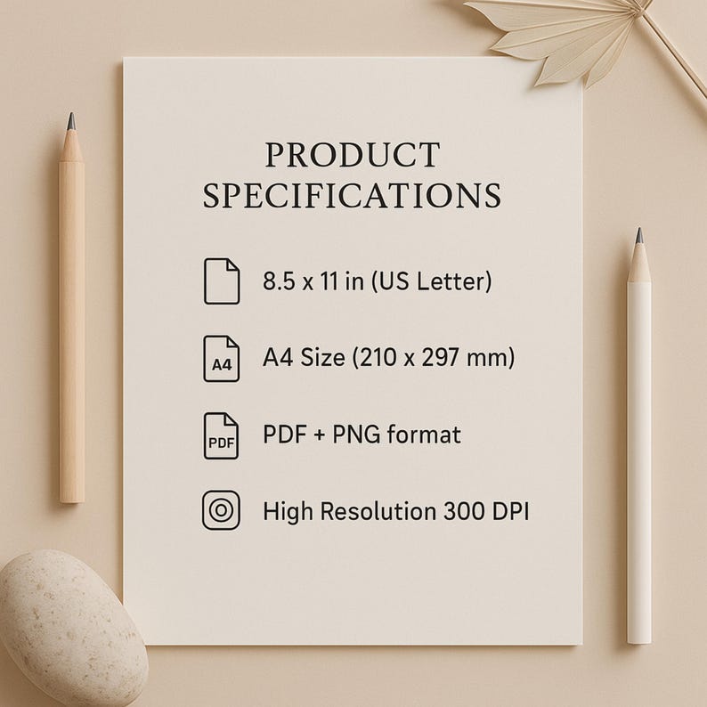 May include: A cream-colored paper with the text "PRODUCT SPECIFICATIONS" and details including 8.5 x 11 in (US Letter), A4 Size (210 x 297 mm), PDF + PNG format, and High Resolution 300 DPI. Two pencils and a stone are on the sides.