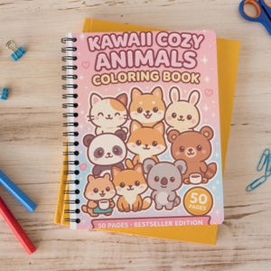 May include: A spiral-bound coloring book titled "Kawaii Cozy Animals" featuring illustrations of cute animals like cats, foxes, and a panda. The cover is pink with the text "50 Pages - Bestseller Edition".