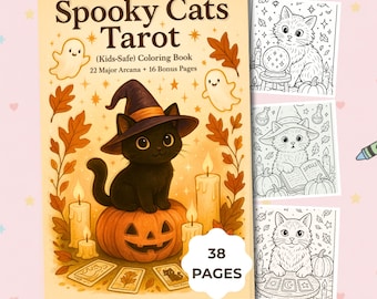 Livre de coloriage Tarot Chats Effrayants pour Adultes | Coloriages de Chats Sorciers Mignons | Livre de coloriage d'Halloween Cosy (PDF)