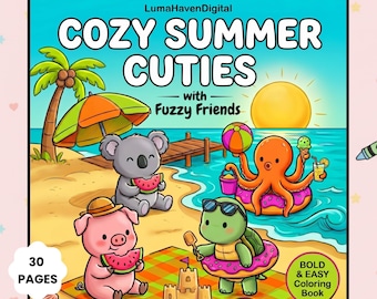 Bold and Easy Coloring Book, Cozy Summer Kawaii Animals Coloring Pages, Alcohol Marker Friendly, Simple Large Print for Adults and Kids