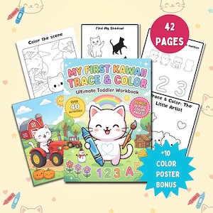 Puede incluir: Un cuaderno de trabajo para niños pequeños titulado "My First Kawaii Trace & Color" con una ilustración de un gato blanco sosteniendo un crayón y un pincel. El cuaderno incluye actividades de trazo y coloreado, con más de 40 actividades y 42 páginas.