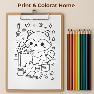 May include: A clipboard with a black and white raccoon coloring page, featuring a raccoon with groceries, flowers, and a milk carton. The text "Print & Colorat Home" is at the top. A set of ten colored pencils in various colors are to the right.