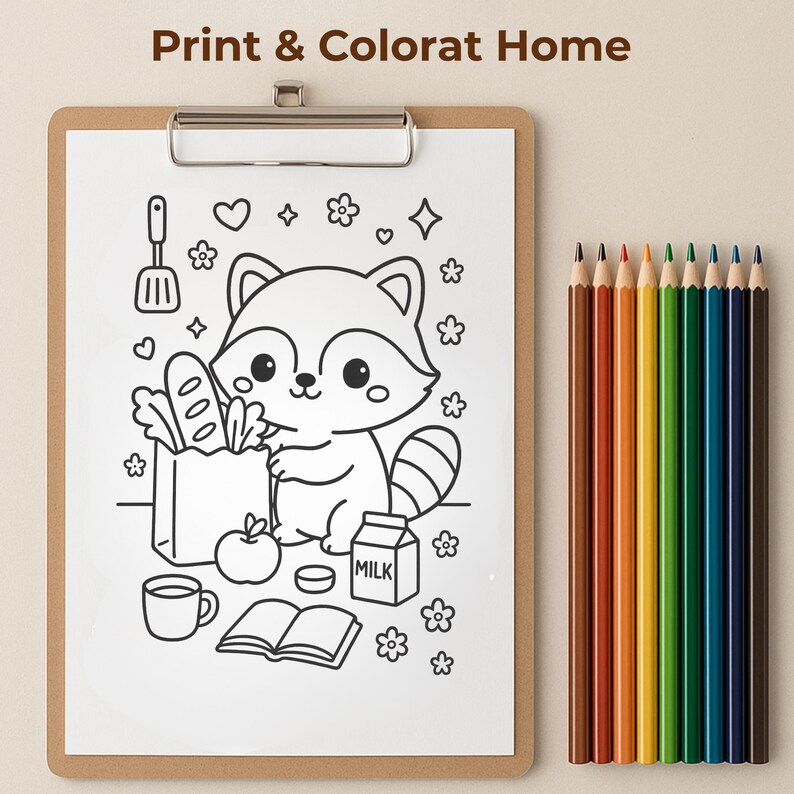 May include: A clipboard with a black and white raccoon coloring page, featuring a raccoon with groceries, flowers, and a milk carton. The text "Print & Colorat Home" is at the top. A set of ten colored pencils in various colors are to the right.