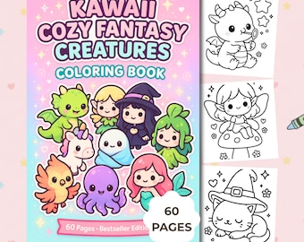 Kawaii Fantasy Coloring Book | Cute Magical Creatures Coloring Book | Cozy Coloring Pages Printable PDF
