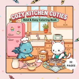 Bold and Easy Coloring Book, Cozy Kawaii Cat and Dragon in the Kitchen, Simple Adult Coloring Pages, Thick Lines Digital Download PDF