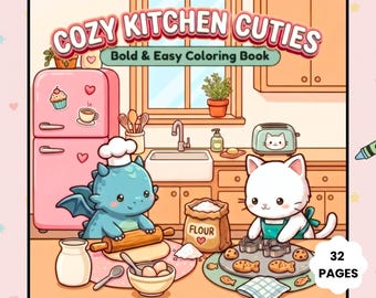 Bold and Easy Coloring Book, Cozy Kawaii Cat and Dragon in the Kitchen, Simple Adult Coloring Pages, Thick Lines Digital Download PDF