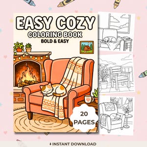 Livro de colorir fácil e aconchegante para adultos, cenas domésticas simples e vibrantes, páginas para colorir da rotina diária sem estresse, PDF para imprimir