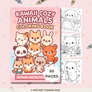 Kawaii Cozy Animals Coloring Book, Cute Animal Coloring Pages, Cozy Adult Coloring Book, Printable PDF image 1