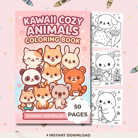 Kawaii Cozy Animals Coloring Book, Cute Animal Coloring Pages, Cozy Adult Coloring Book, Printable PDF