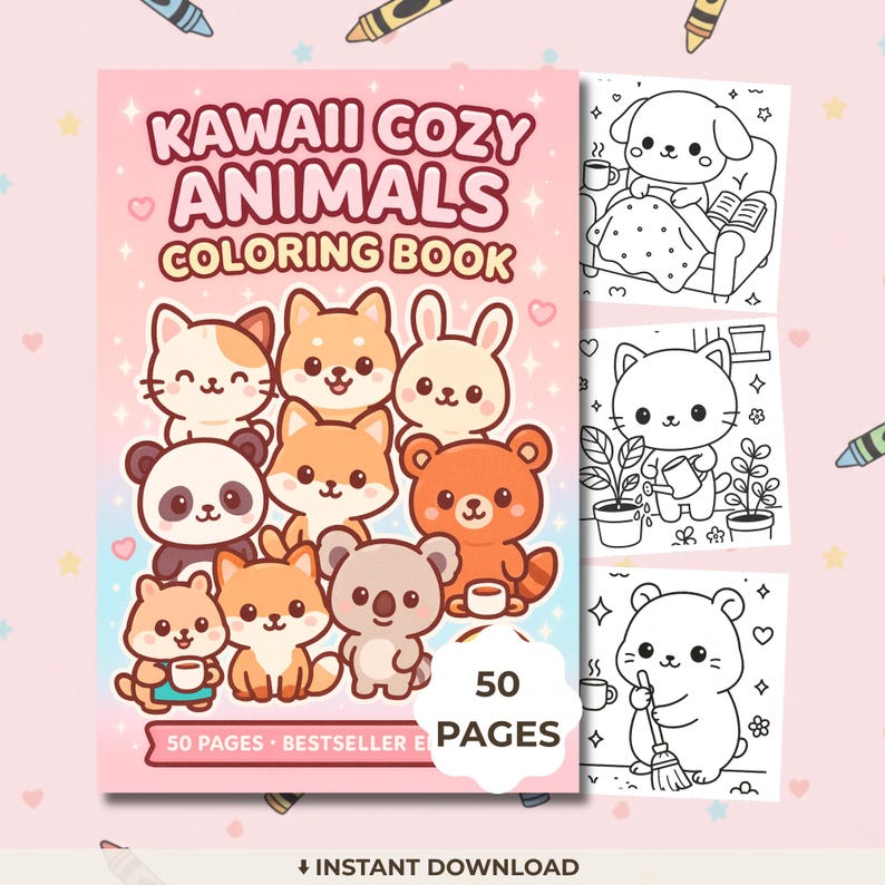 Kawaii Cozy Animals Coloring Book, Cute Animal Coloring Pages, Cozy Adult Coloring Book, Printable PDF image 1