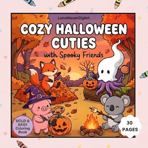 Puede incluir: Portada de un libro para colorear infantil titulado "COZY HALLOWEEN CUTIES with Spooky Friends". La ilustración presenta un zorro, un fantasma, un cerdo y un koala en una escena de Halloween. El libro está etiquetado como "BOLD & EASY Coloring Book" y tiene "30 PAGES".
