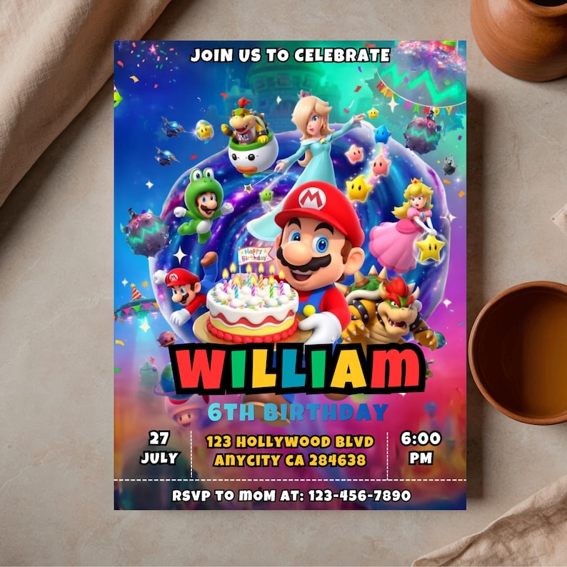 以下が含まれることがあります： マリオなどのキャラクターが登場する、カラフルな誕生日パーティーの招待状。招待状には、大きな赤い文字で「WILLIAM」という名前、日付、時間、場所が記載されています。背景は、漫画のキャラクターと紙吹雪で彩られた活気のあるシーンです。