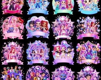 K-POPデーモンハンターケーキトッパーセット | 9種類の編集可能なHuntrix PNG | バースデーケーキ＆カップケーキトッパー | K-POPデーモンハンターパーティーデコレーション