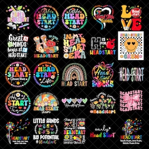 Puede incluir: Una colección de diseños coloridos con el tema Head Start. Las imágenes presentan varios elementos de texto y gráficos, incluyendo manzanas, arcoíris y caras sonrientes. Adecuado para ropa y materiales educativos.