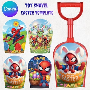 May include: A red plastic toy shovel with a D-shaped handle. The shovel's head features Easter-themed designs with Spider-Man characters and the text "HAPPY EASTER" and "NAME". The text "TOY SHOVEL EASTER TEMPLATE" is at the top.