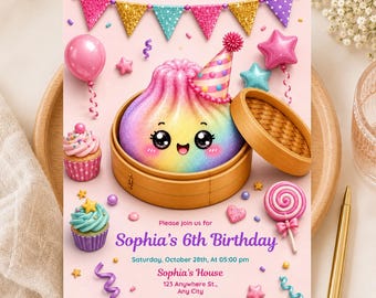 Glitter Dumpling Birthday Invitation, Editable Birthday Invite Template, Pink Rainbow Girls Party Invitation, Instant Download
