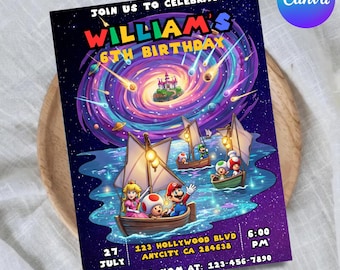 Mario Galaxy Birthday Invitation, Outer Space Party Invite, Boys Gaming Party card, Instant Download, Editable Canva Template (5x7 in)