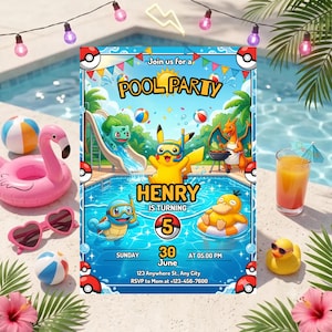 Può includere: Un invito rettangolare per una festa in piscina con i personaggi Pikachu, Bulbasaur, Charizard e Psyduck in una piscina. Il testo recita Join us for a POOL PARTY, HENRY IS TURNING 5, SUNDAY 30 June AT 05.00 PM, 123 Anywhere St., Any City, RSVP to Mom at +123-456-7600.