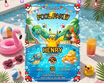 Pokémon Pool Party Birthday Invitation, Pikachu Squirtle Charmander Printable Kids Party Invite Template