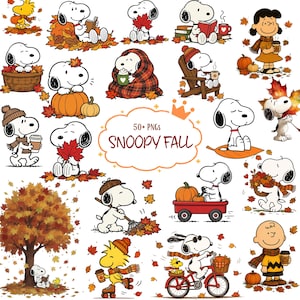 Puede incluir: Una colección de 50+ ilustraciones digitales de Snoopy Fall que muestran al personaje Snoopy y sus amigos en varias escenas de otoño con calabazas, hojas de arce coloridas, bufandas cálidas, bebidas calientes y actividades al aire libre.