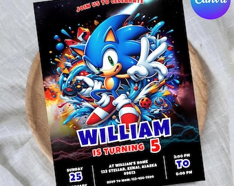 Sonic Birthday Invitation, Sonic Theme Party Invite, Editable 5x7 Inch, Digital Canva instant Download
