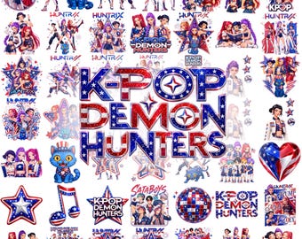 7月4日 Kpop デーモンハンター PNG、愛国的なアイドルスクワッド USA 花火 PNG、独立記念日漫画ガールズシャツデザイン デジタルダウンロード