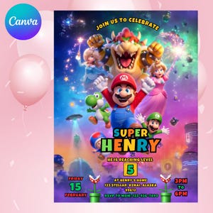 以下が含まれることがあります： マリオ、ルイージ、ピーチ姫、クッパが登場するカラフルな招待状。「Super Henry He is Reaching Level 5」と書かれており、日付、時間、場所などのイベント詳細が記載されています。背景は鮮やかなファンタジーシーンです。